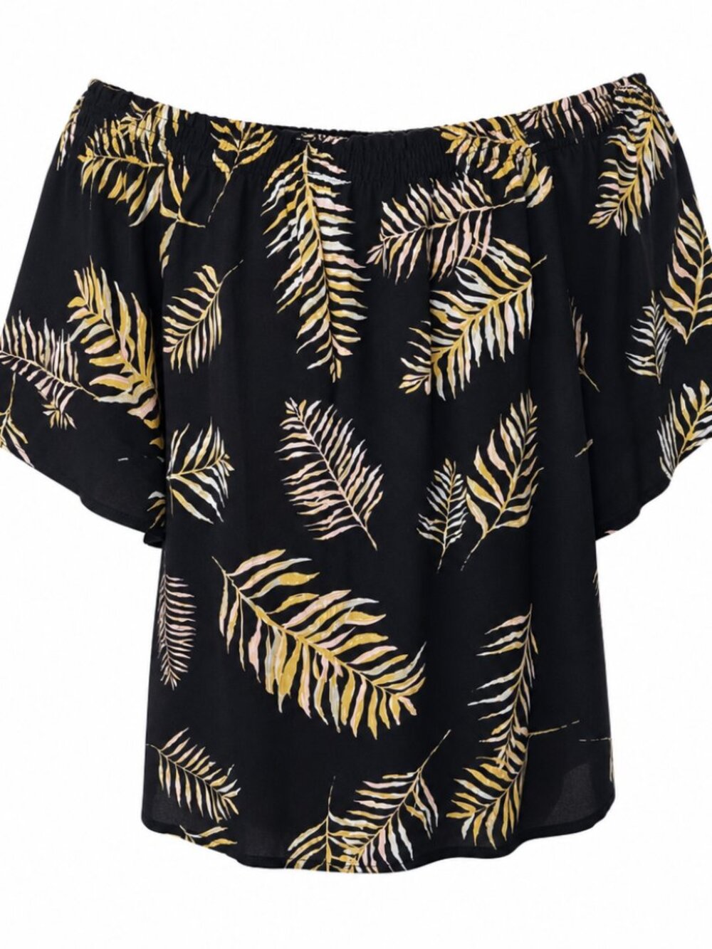 Maurices Black Tropical Leaf Print Off The Shoulder Crinkle Blouse Top Size 0X